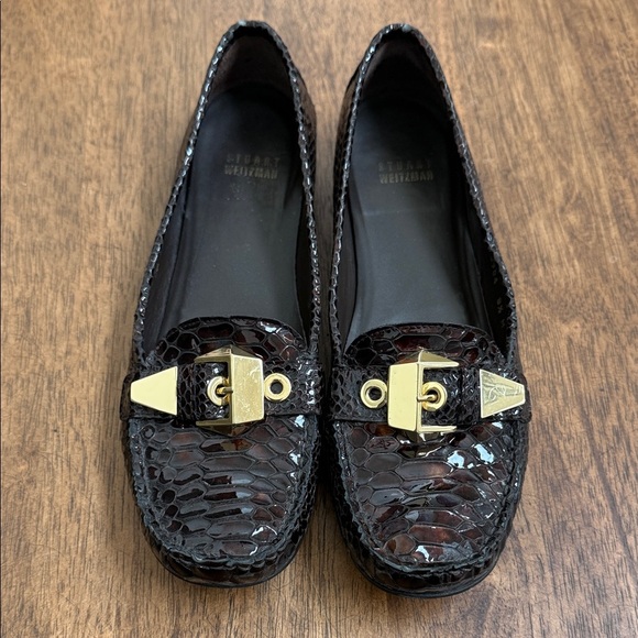 Stuart Weitzman Shoes - Stuart Weitzman Brown Snake-Embossed Loafers with Gold Buckle